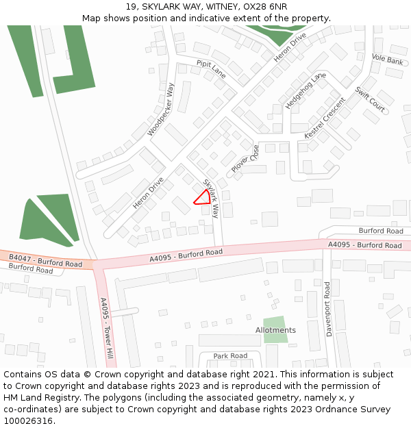 19, SKYLARK WAY, WITNEY, OX28 6NR: Location map and indicative extent of plot