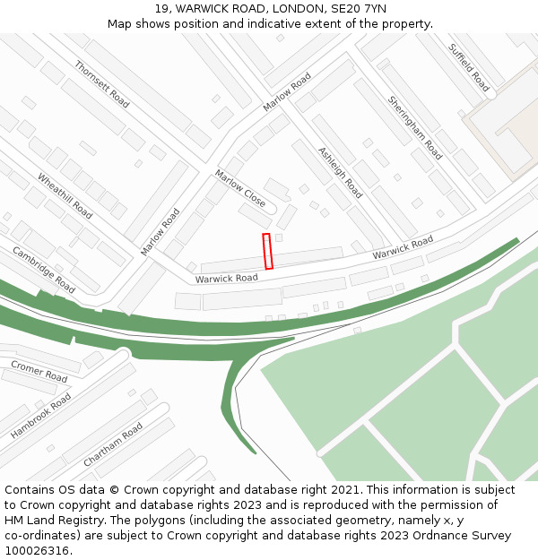 19, WARWICK ROAD, LONDON, SE20 7YN: Location map and indicative extent of plot