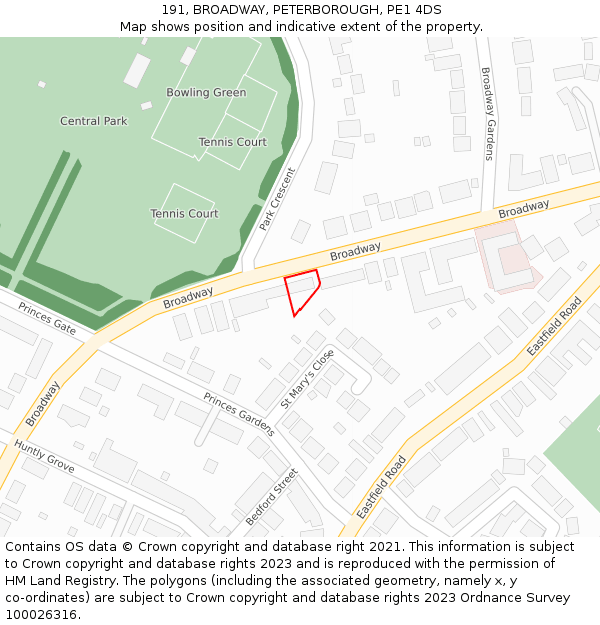 191, BROADWAY, PETERBOROUGH, PE1 4DS: Location map and indicative extent of plot