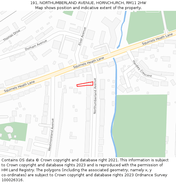 191, NORTHUMBERLAND AVENUE, HORNCHURCH, RM11 2HW: Location map and indicative extent of plot