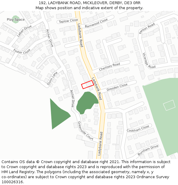 192, LADYBANK ROAD, MICKLEOVER, DERBY, DE3 0RR: Location map and indicative extent of plot