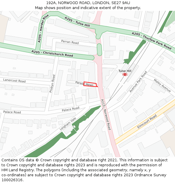 192A, NORWOOD ROAD, LONDON, SE27 9AU: Location map and indicative extent of plot
