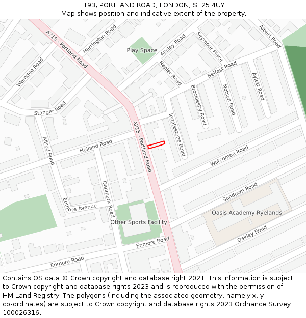 193, PORTLAND ROAD, LONDON, SE25 4UY: Location map and indicative extent of plot