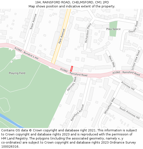 194, RAINSFORD ROAD, CHELMSFORD, CM1 2PD: Location map and indicative extent of plot