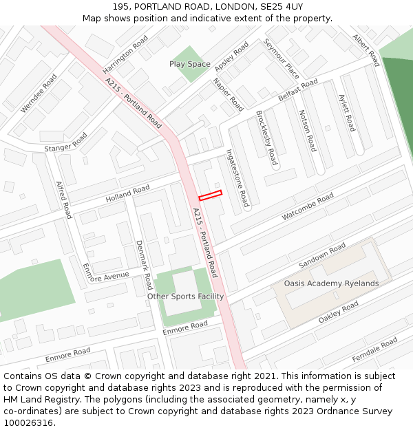 195, PORTLAND ROAD, LONDON, SE25 4UY: Location map and indicative extent of plot