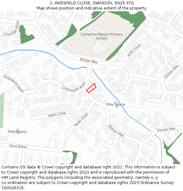 2, AKENFIELD CLOSE, SWINDON, SN25 4TQ: Location map and indicative extent of plot
