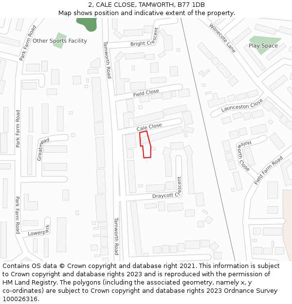 2, CALE CLOSE, TAMWORTH, B77 1DB: Location map and indicative extent of plot