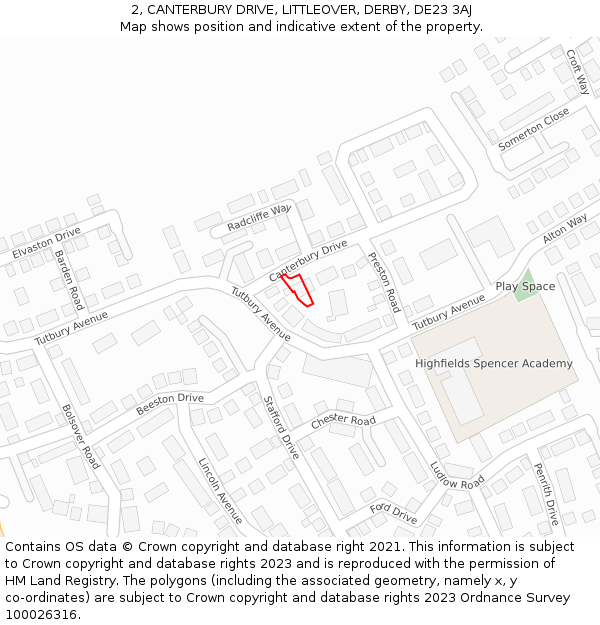 2, CANTERBURY DRIVE, LITTLEOVER, DERBY, DE23 3AJ: Location map and indicative extent of plot