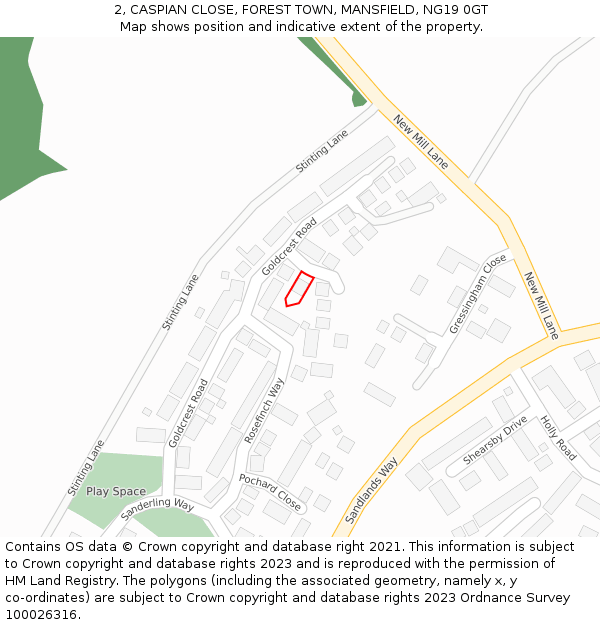 2, CASPIAN CLOSE, FOREST TOWN, MANSFIELD, NG19 0GT: Location map and indicative extent of plot