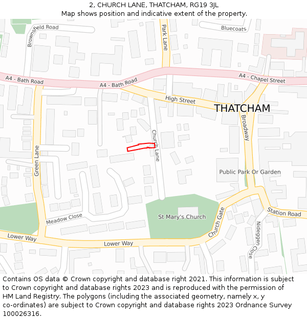 2, CHURCH LANE, THATCHAM, RG19 3JL: Location map and indicative extent of plot
