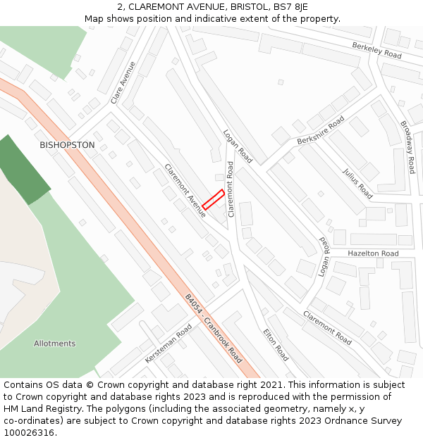 2, CLAREMONT AVENUE, BRISTOL, BS7 8JE: Location map and indicative extent of plot