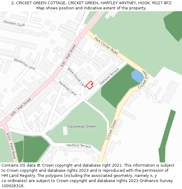 2, CRICKET GREEN COTTAGE, CRICKET GREEN, HARTLEY WINTNEY, HOOK, RG27 8PZ: Location map and indicative extent of plot