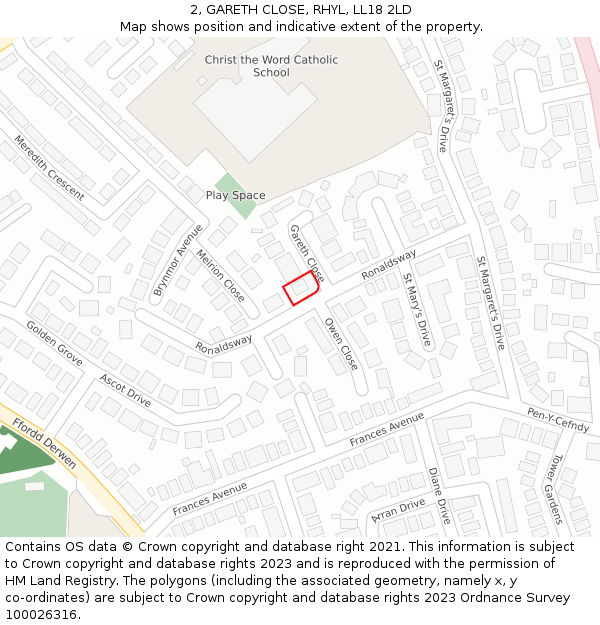 2, GARETH CLOSE, RHYL, LL18 2LD: Location map and indicative extent of plot