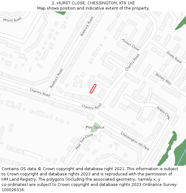 2, HURST CLOSE, CHESSINGTON, KT9 1XE: Location map and indicative extent of plot