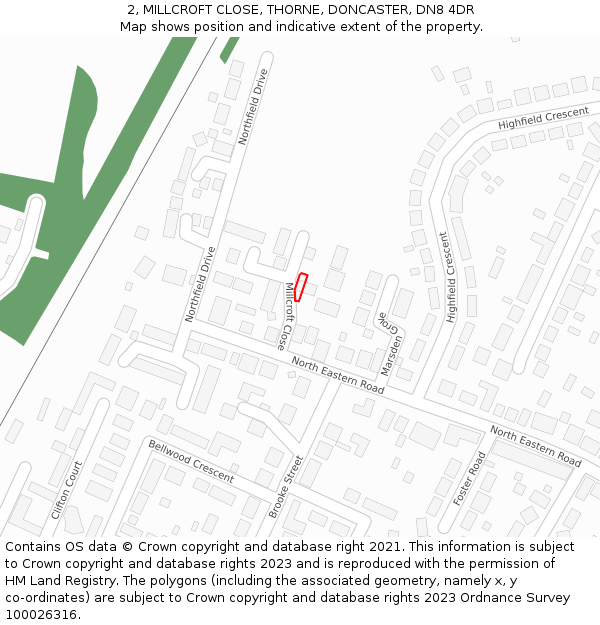 2, MILLCROFT CLOSE, THORNE, DONCASTER, DN8 4DR: Location map and indicative extent of plot