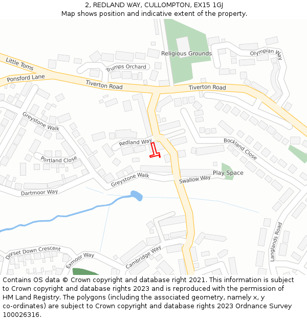 2, REDLAND WAY, CULLOMPTON, EX15 1GJ: Location map and indicative extent of plot