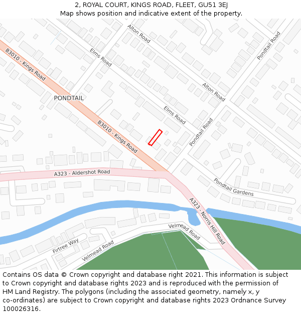 2, ROYAL COURT, KINGS ROAD, FLEET, GU51 3EJ: Location map and indicative extent of plot
