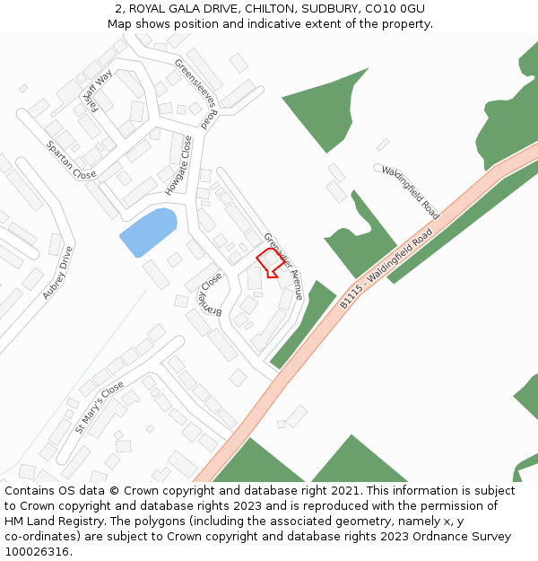 2, ROYAL GALA DRIVE, CHILTON, SUDBURY, CO10 0GU: Location map and indicative extent of plot