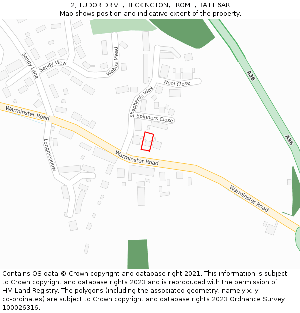2, TUDOR DRIVE, BECKINGTON, FROME, BA11 6AR: Location map and indicative extent of plot