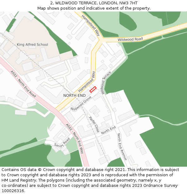 2, WILDWOOD TERRACE, LONDON, NW3 7HT: Location map and indicative extent of plot