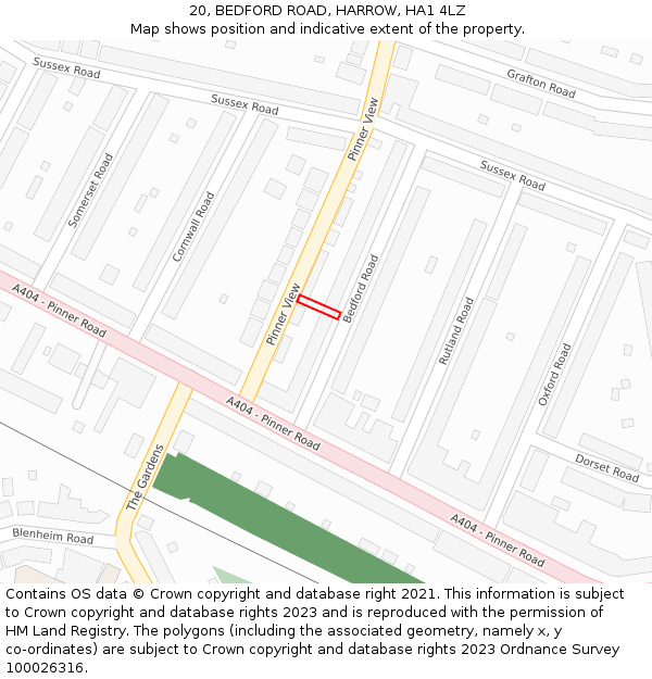 20, BEDFORD ROAD, HARROW, HA1 4LZ: Location map and indicative extent of plot