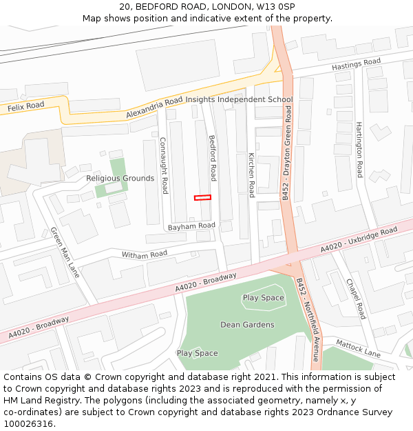 20, BEDFORD ROAD, LONDON, W13 0SP: Location map and indicative extent of plot