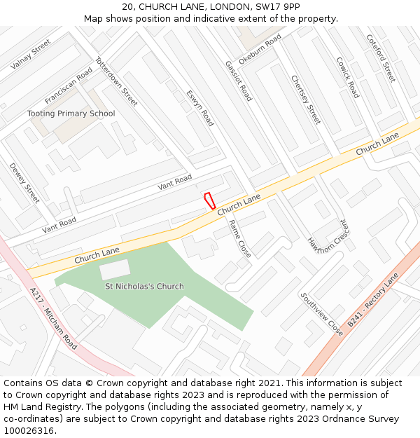 20, CHURCH LANE, LONDON, SW17 9PP: Location map and indicative extent of plot