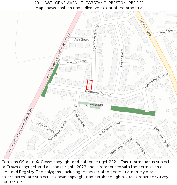 20, HAWTHORNE AVENUE, GARSTANG, PRESTON, PR3 1FP: Location map and indicative extent of plot