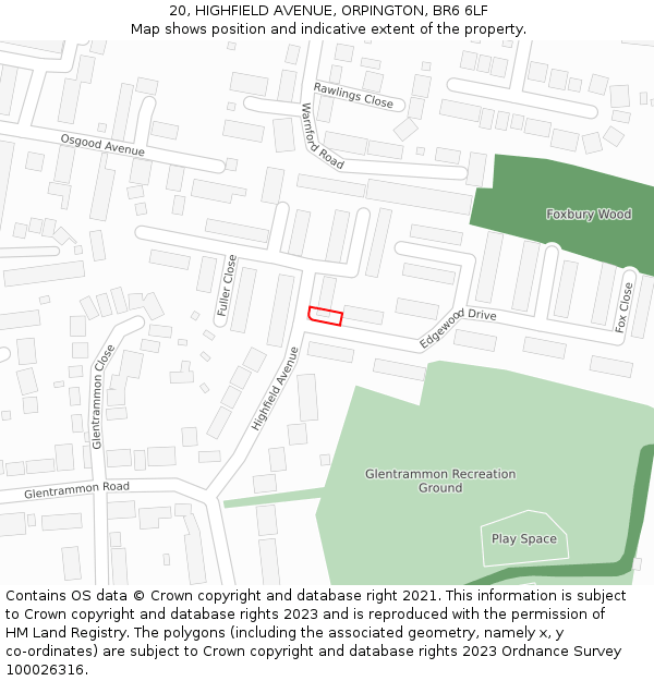 20, HIGHFIELD AVENUE, ORPINGTON, BR6 6LF: Location map and indicative extent of plot