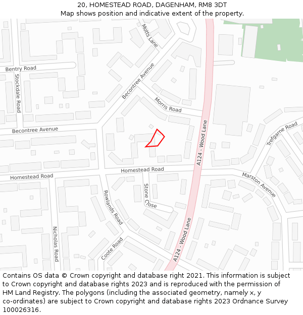20, HOMESTEAD ROAD, DAGENHAM, RM8 3DT: Location map and indicative extent of plot