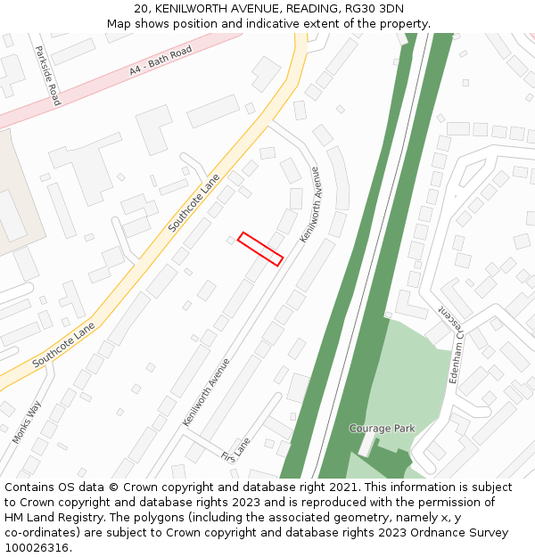 20, KENILWORTH AVENUE, READING, RG30 3DN: Location map and indicative extent of plot