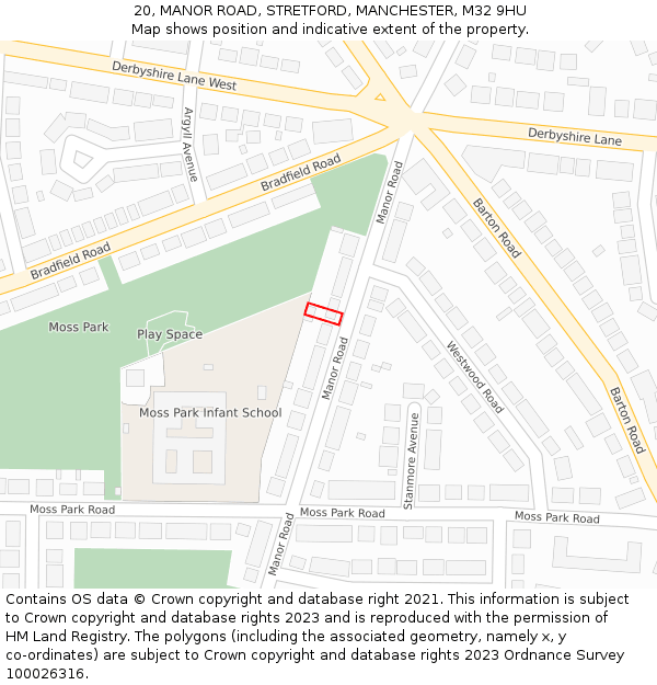 20, MANOR ROAD, STRETFORD, MANCHESTER, M32 9HU: Location map and indicative extent of plot