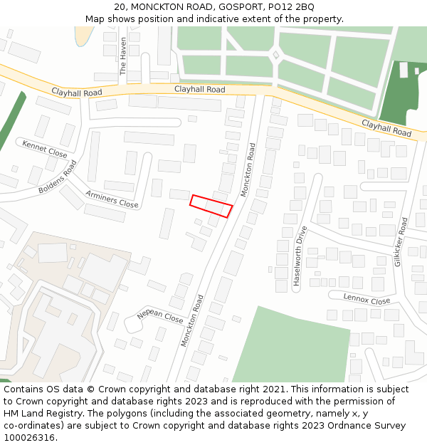 20, MONCKTON ROAD, GOSPORT, PO12 2BQ: Location map and indicative extent of plot