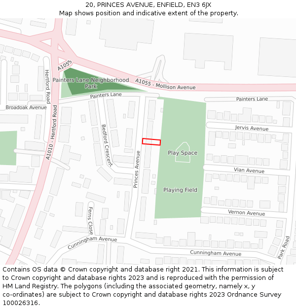 20, PRINCES AVENUE, ENFIELD, EN3 6JX: Location map and indicative extent of plot