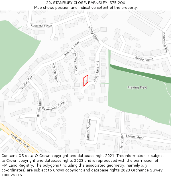 20, STANBURY CLOSE, BARNSLEY, S75 2QX: Location map and indicative extent of plot