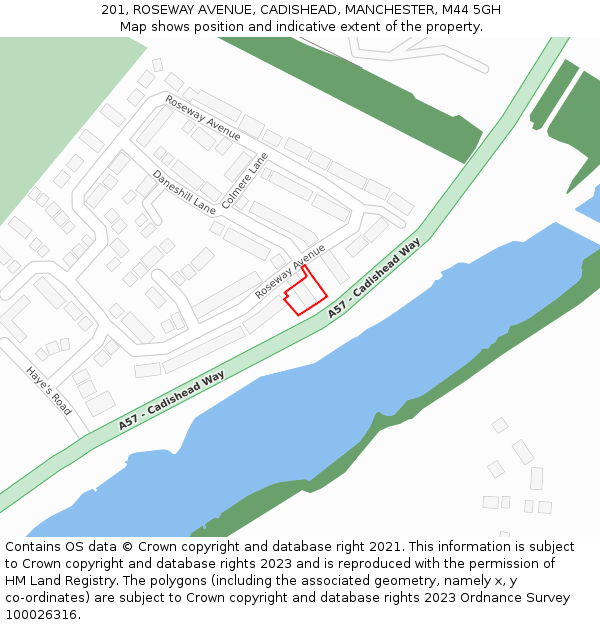 201, ROSEWAY AVENUE, CADISHEAD, MANCHESTER, M44 5GH: Location map and indicative extent of plot
