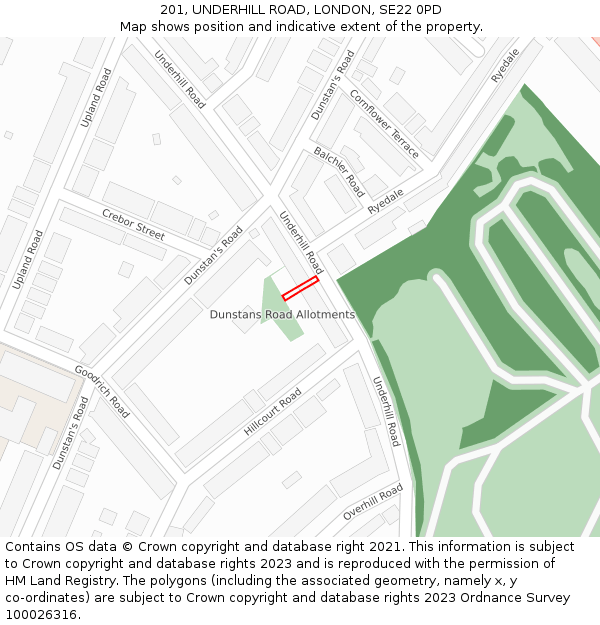 201, UNDERHILL ROAD, LONDON, SE22 0PD: Location map and indicative extent of plot