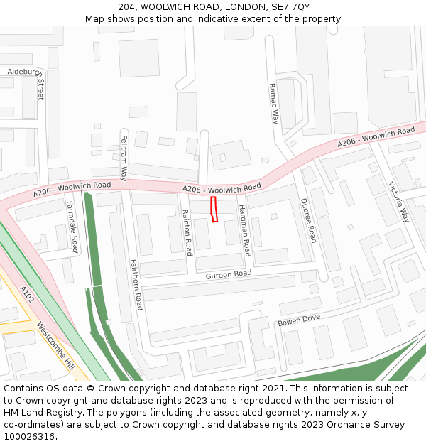 204, WOOLWICH ROAD, LONDON, SE7 7QY: Location map and indicative extent of plot