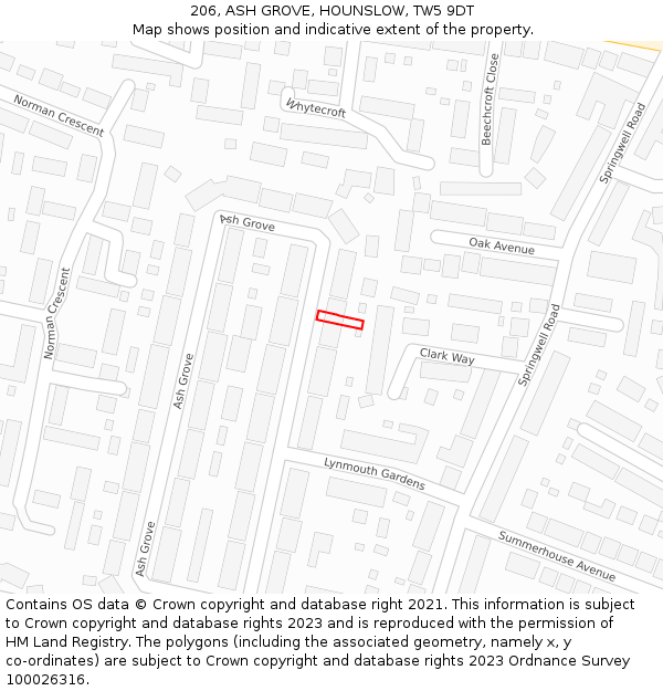 206, ASH GROVE, HOUNSLOW, TW5 9DT: Location map and indicative extent of plot