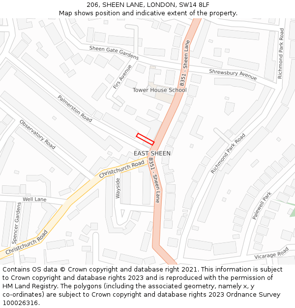 206, SHEEN LANE, LONDON, SW14 8LF: Location map and indicative extent of plot