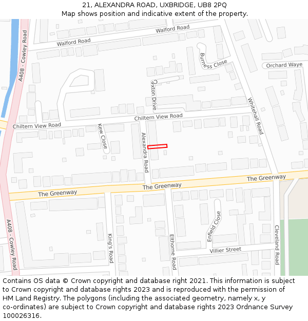 21, ALEXANDRA ROAD, UXBRIDGE, UB8 2PQ: Location map and indicative extent of plot