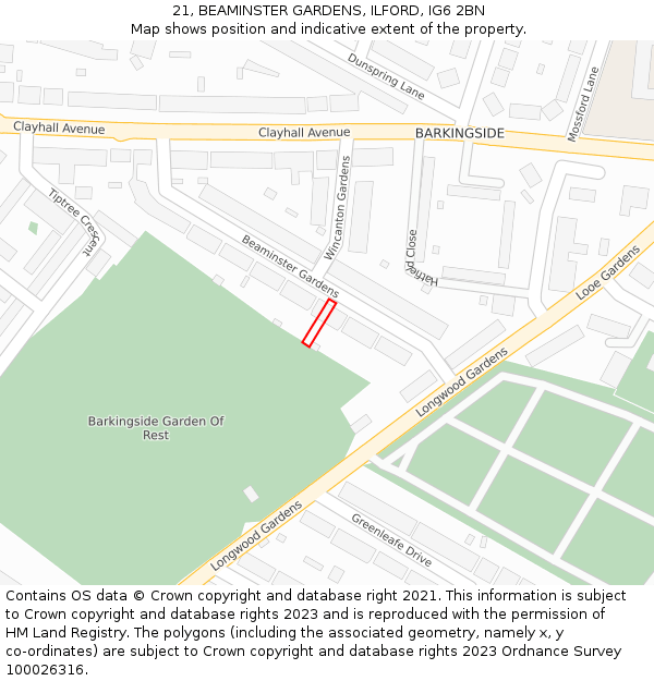 21, BEAMINSTER GARDENS, ILFORD, IG6 2BN: Location map and indicative extent of plot
