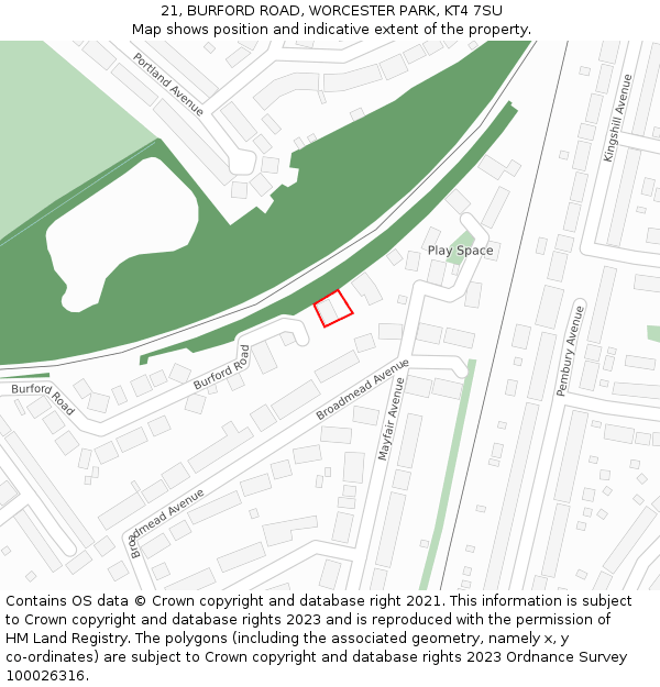 21, BURFORD ROAD, WORCESTER PARK, KT4 7SU: Location map and indicative extent of plot