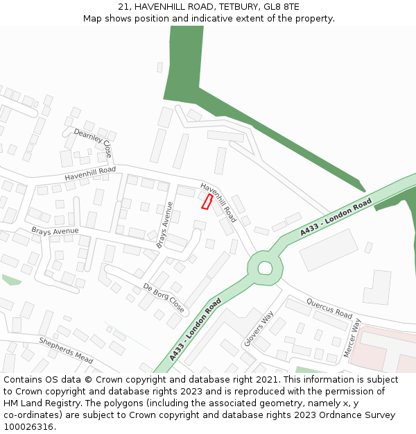 21, HAVENHILL ROAD, TETBURY, GL8 8TE: Location map and indicative extent of plot