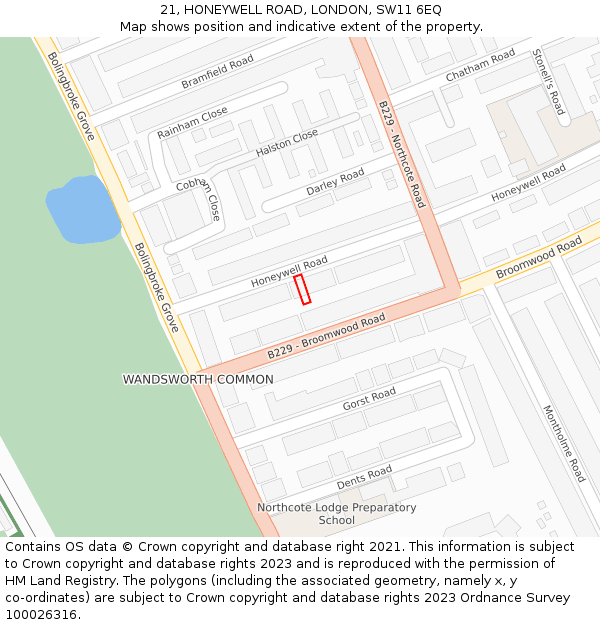 21, HONEYWELL ROAD, LONDON, SW11 6EQ: Location map and indicative extent of plot