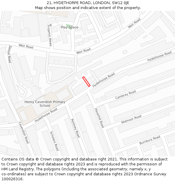 21, HYDETHORPE ROAD, LONDON, SW12 0JE: Location map and indicative extent of plot