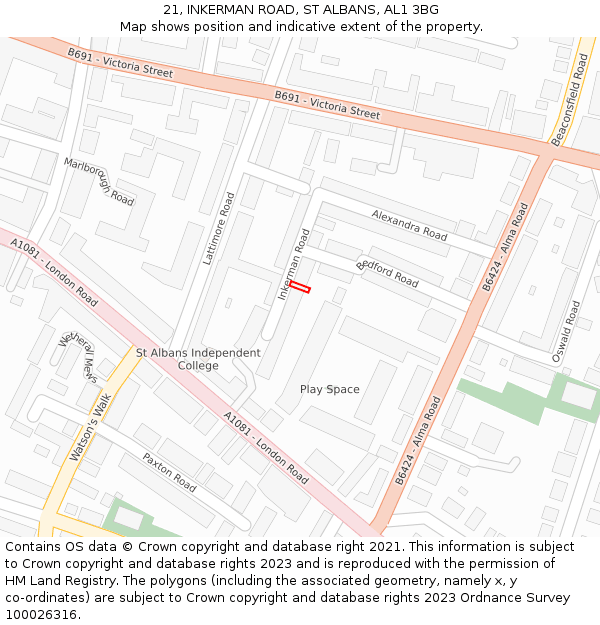 21, INKERMAN ROAD, ST ALBANS, AL1 3BG: Location map and indicative extent of plot