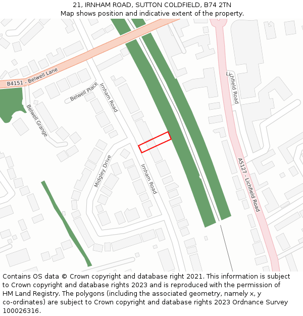 21, IRNHAM ROAD, SUTTON COLDFIELD, B74 2TN: Location map and indicative extent of plot