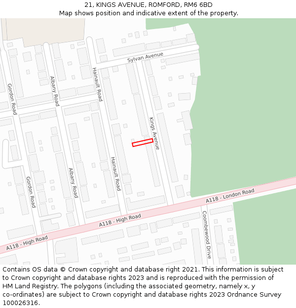 21, KINGS AVENUE, ROMFORD, RM6 6BD: Location map and indicative extent of plot