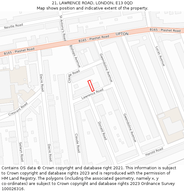 21, LAWRENCE ROAD, LONDON, E13 0QD: Location map and indicative extent of plot